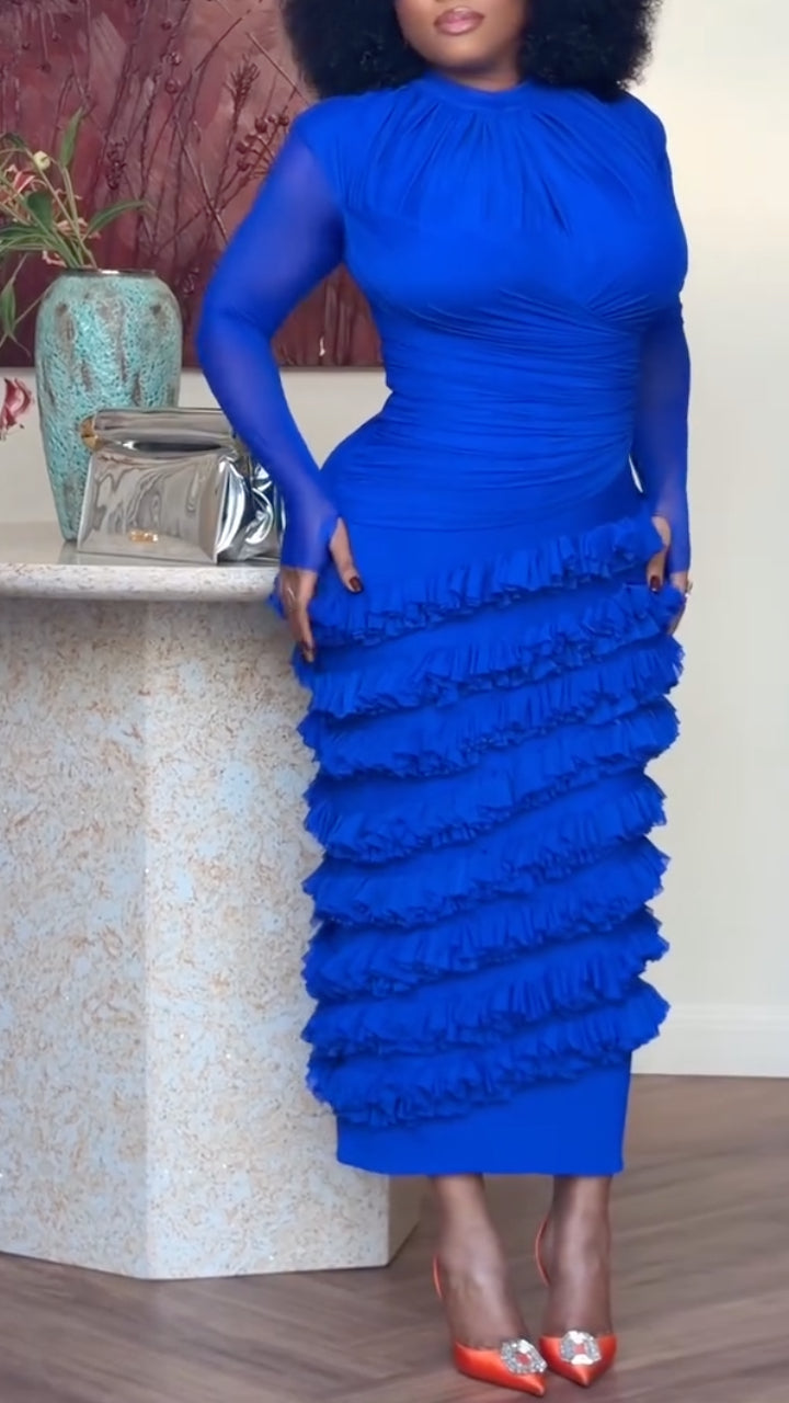 Royal Blue Mesh Ruffled Midi Dress