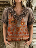 Women's Ethnic Floral Print Ruffle V-Neck Puff Sleeve Top