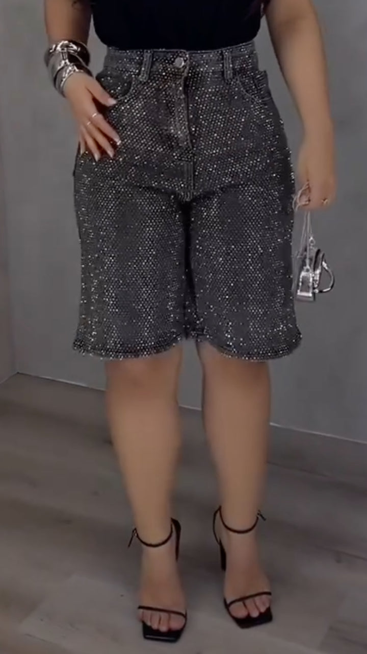 Washed Rhinestone Denim Bermuda Shorts
