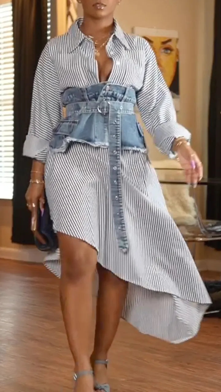 Women Collar Irregular Dress+ Denim Waist Cinching Casual Suit