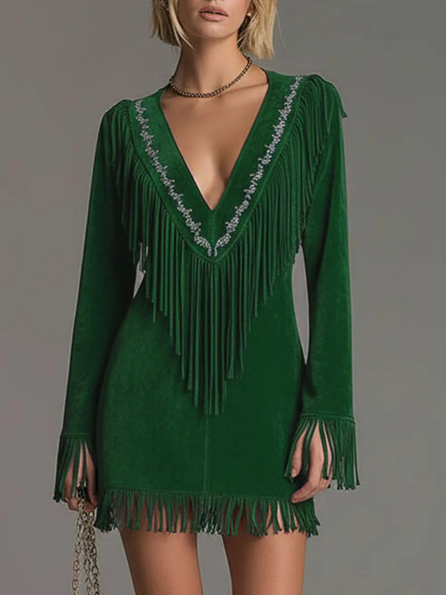 Western-style Retro Embroidered Tassel Pink Faux Suede Mini Dress