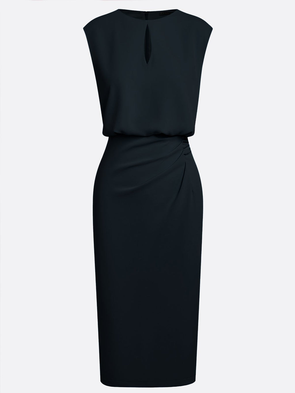 Black Ruched Cut Out Classic Crew Neck Cap Sleeve Sheath Midi Dress