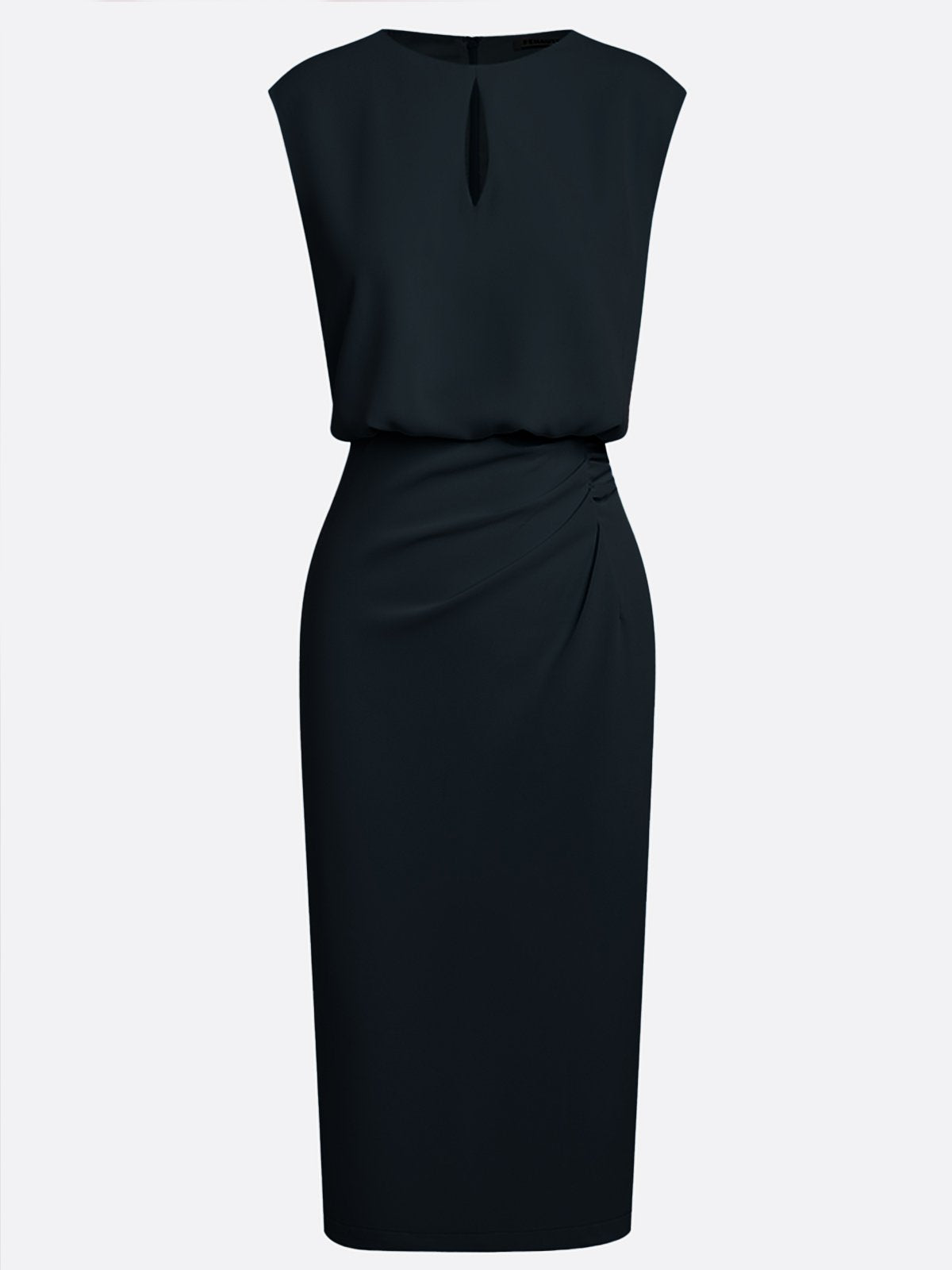 Black Ruched Cut Out Classic Crew Neck Cap Sleeve Sheath Midi Dress