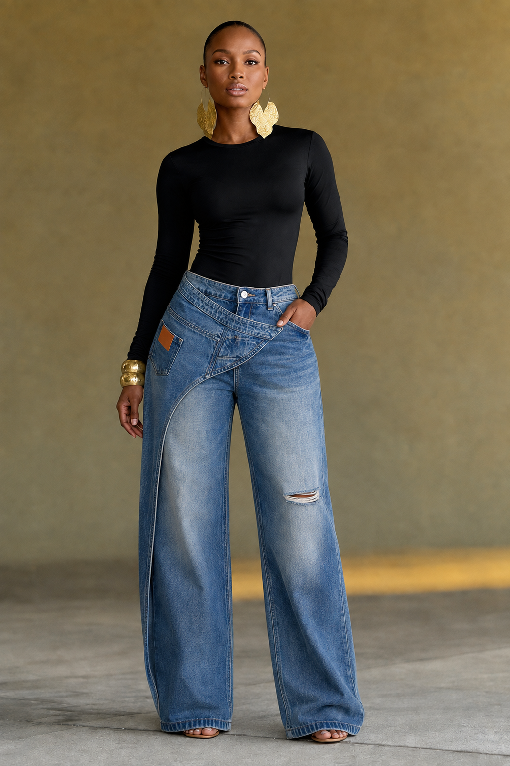 Cross Over Waist Distressed Wide Leg Jeans