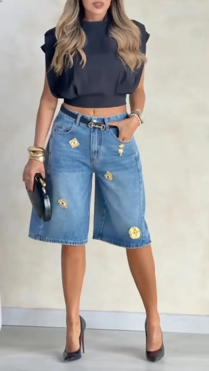Embellished Denim Bermuda Shorts