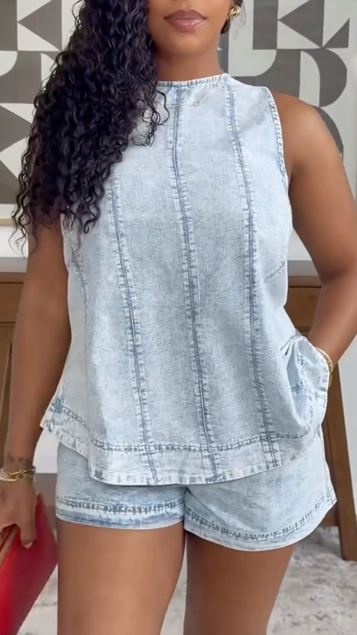 Acid Wash Denim Sleeveless Top & Shorts Co-Ord Set
