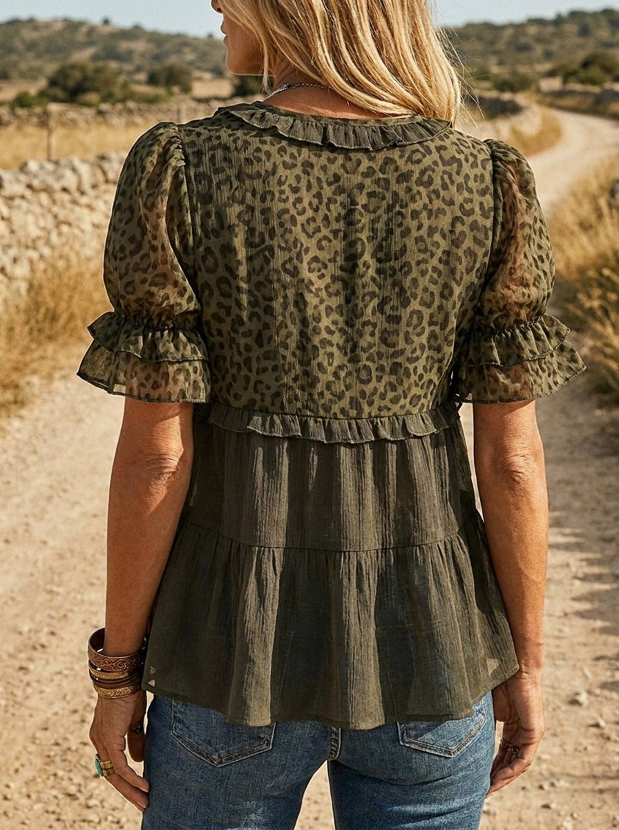 Women's Men's Leopard Print Casual Ruffle Shirt