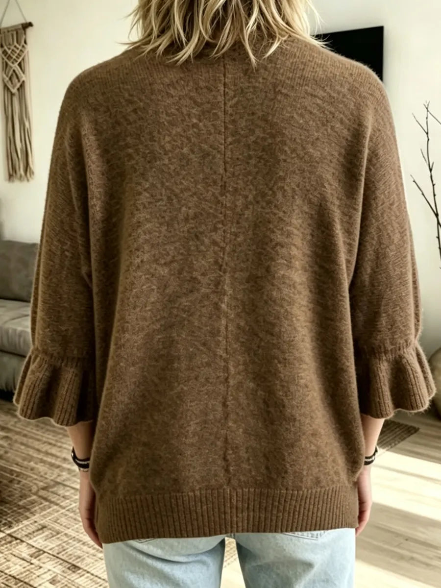 Solid-color, Loose-fit, Casual Knit Cardigan With Three-quarter Sleeves