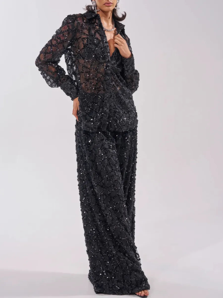 Sequin Sheer Shirt & Wide Leg Pants Two‑Piece Set