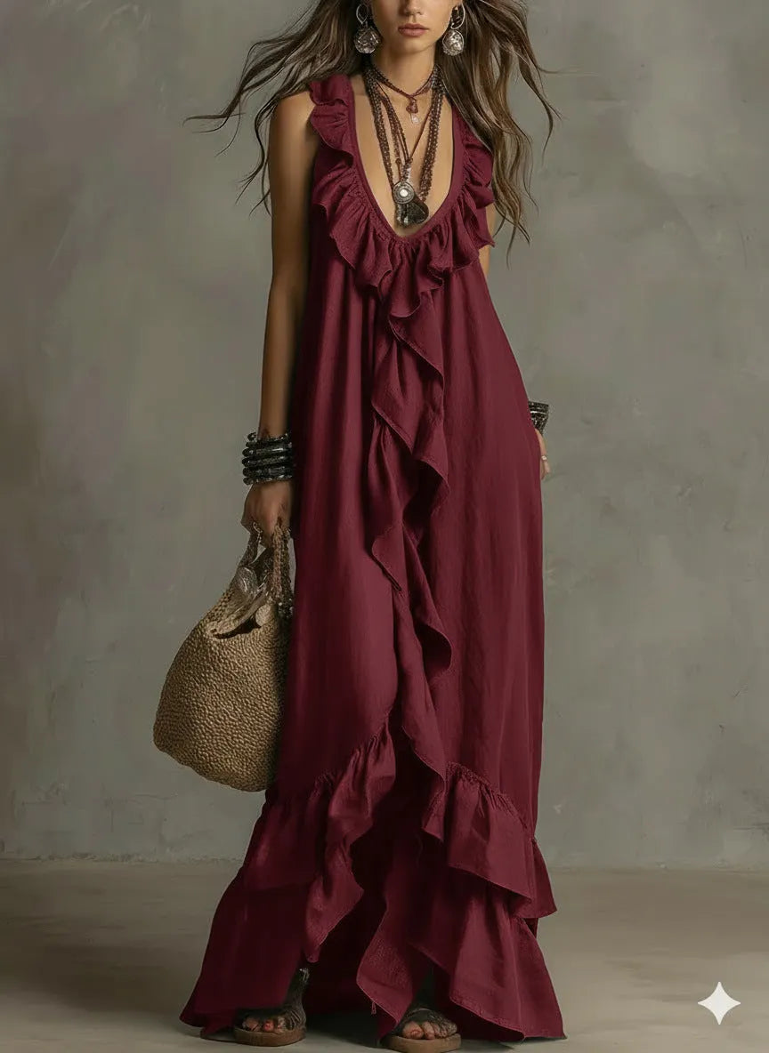 Casual Bohemian Urban V-Neck Short-Sleeved Ruffle Retro Dress