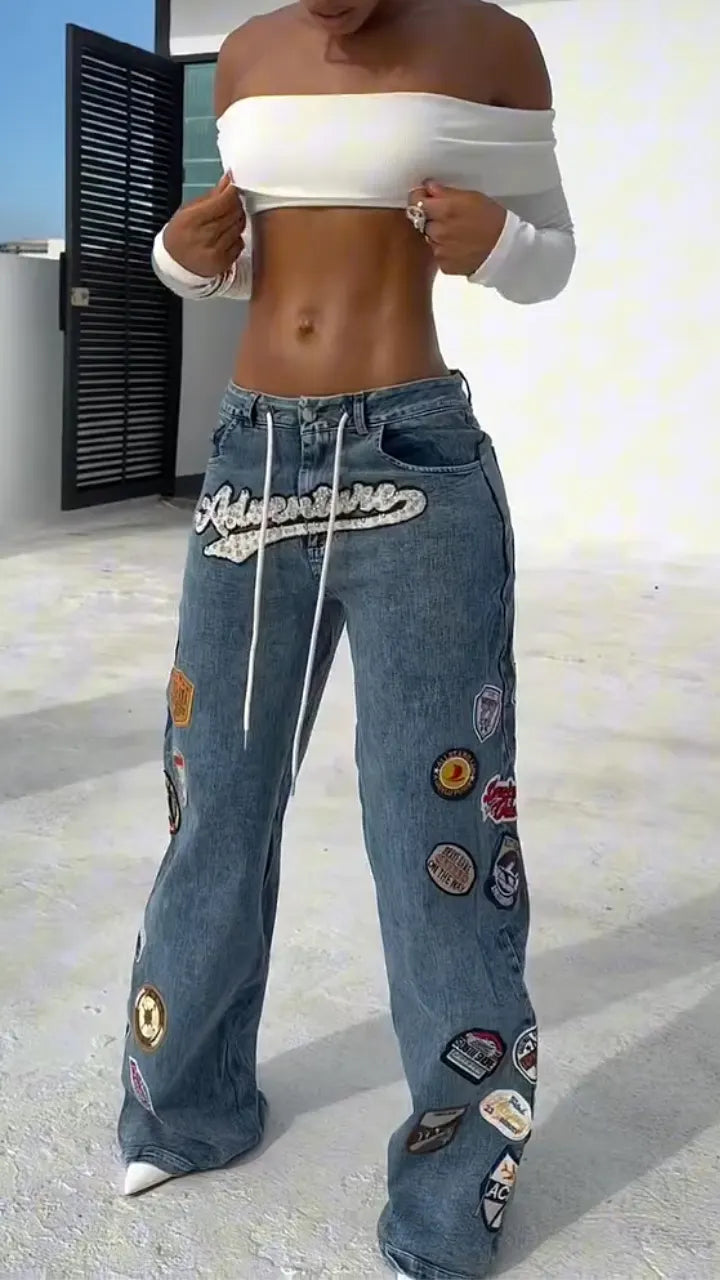 Patch Graphic Patchwork Wide Leg Baggy Denim Jeans