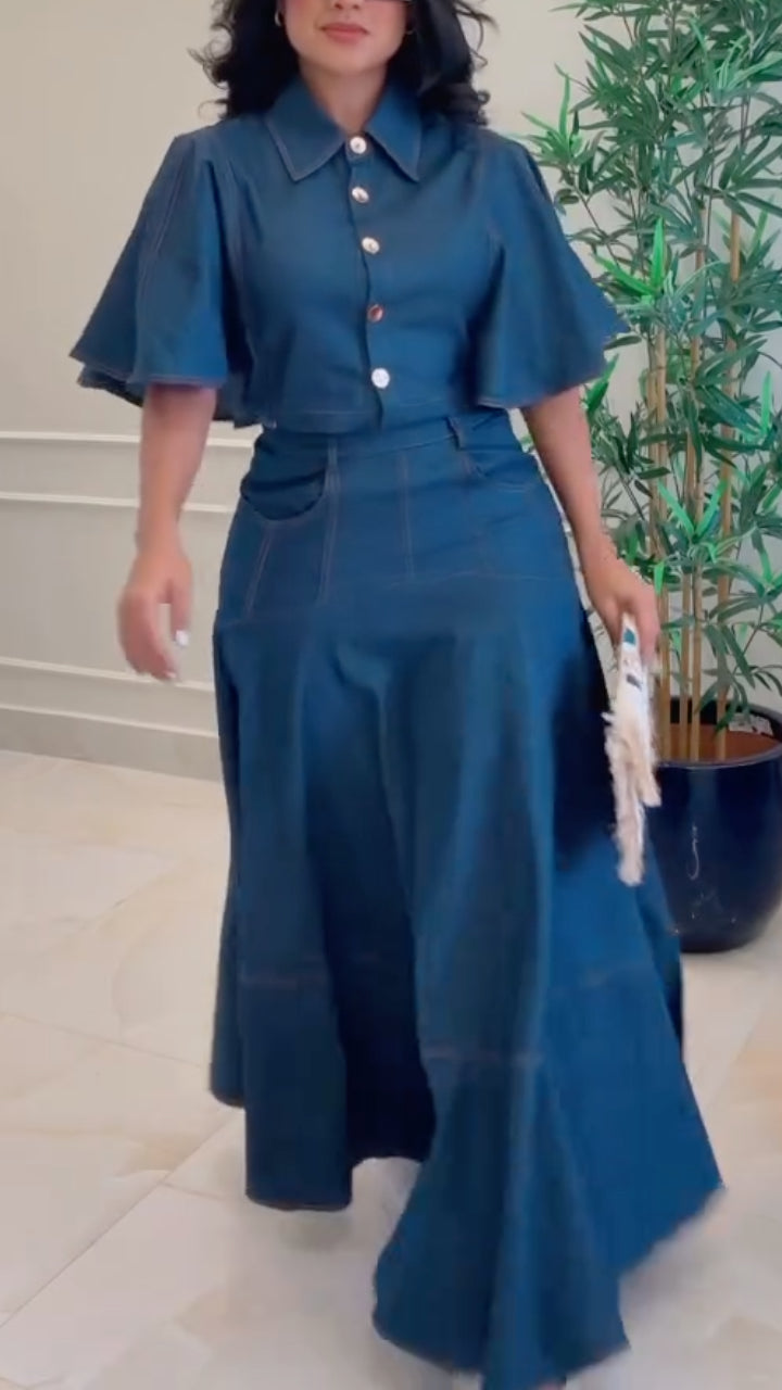 Dark Denim Flare‑Sleeve Top & Maxi Skirt Two‑Piece