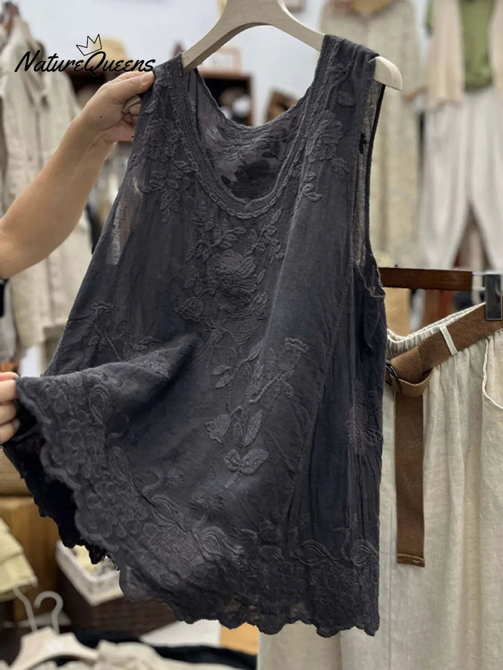 Women's Vintage Lace Sleeveless Cotton And Linen Vest Top