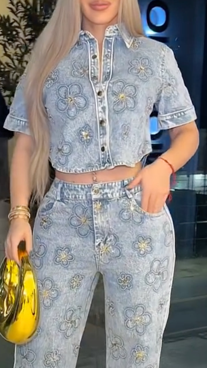 Light Wash Gold Floral Embroidered Denim 2 Piece Set,