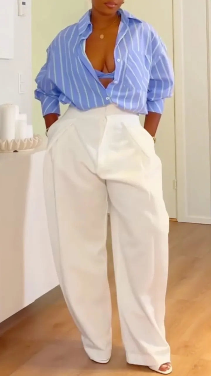 Striped Shirt & White Wide Leg Pants Two‑Piece Outfit