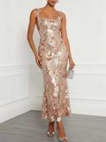 Champagne Glitter Sequin Square Neck Sleeveless Mermaid Midi Dress