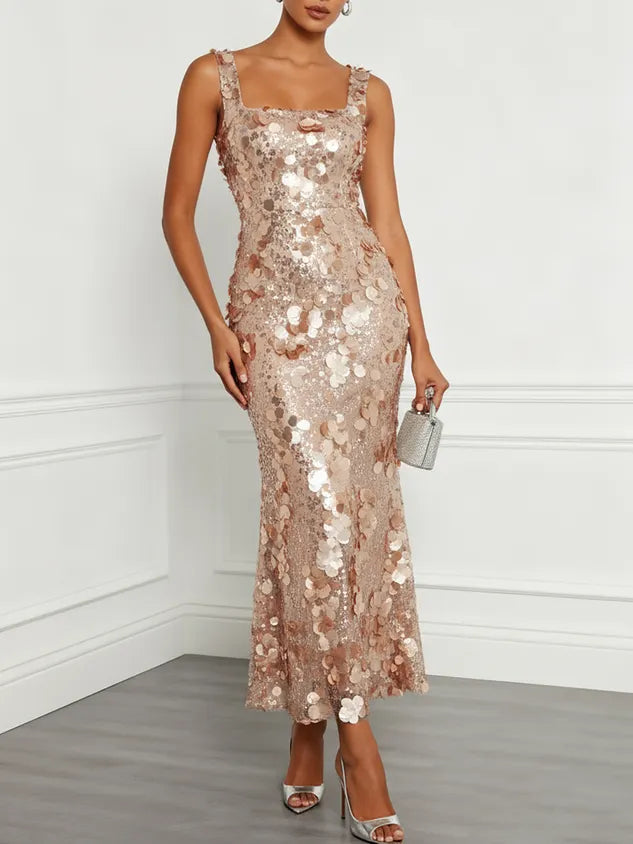Champagne Glitter Sequin Square Neck Sleeveless Mermaid Midi Dress