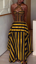 Gold Black Stripe Halter Corset Maxi Dress