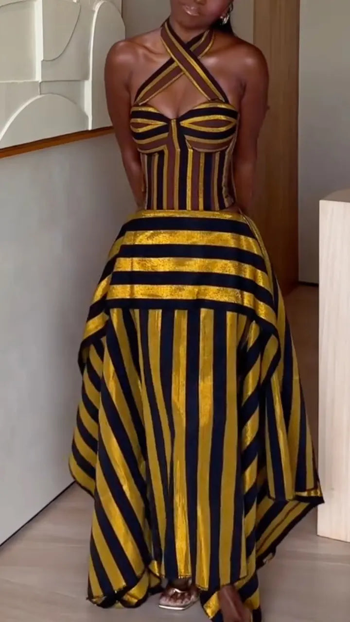 Gold Black Stripe Halter Corset Maxi Dress