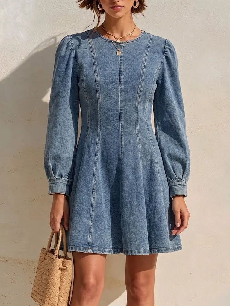 Vintage-style Long-sleeve A-line Denim Dress With A Round Neck And Waist-cinching, Slimming Fit