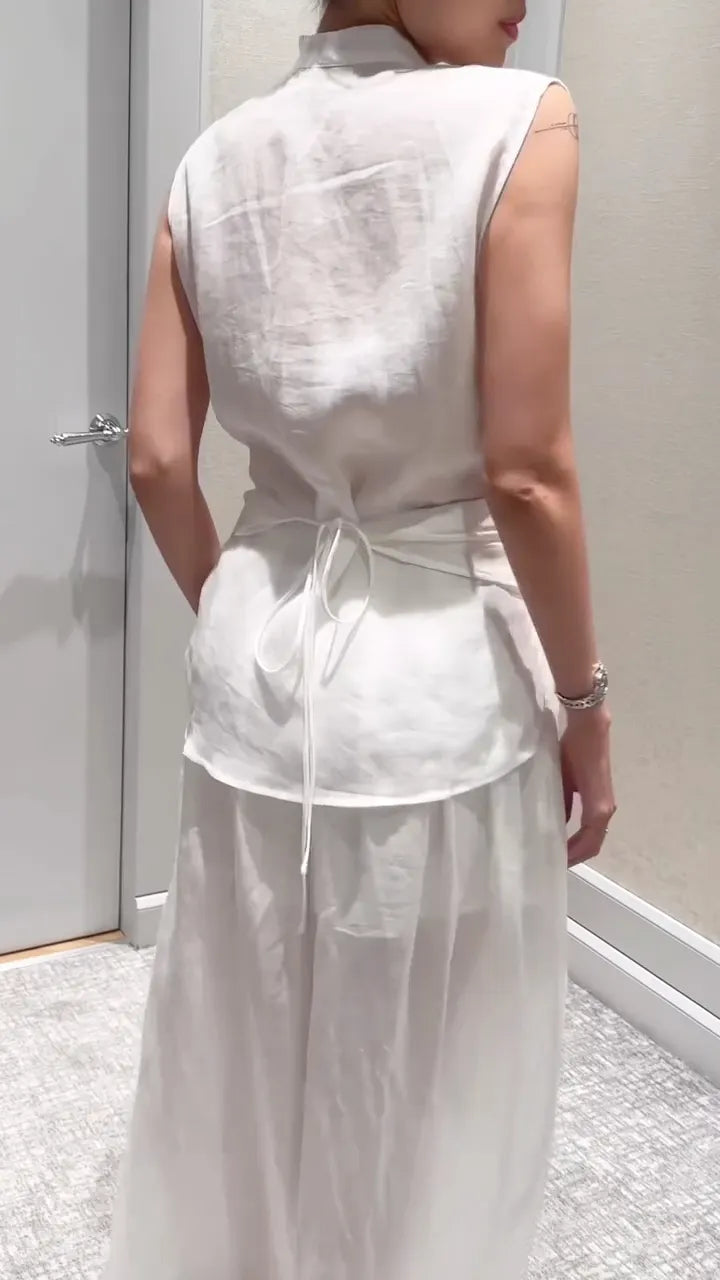 White Wrap Tie Sleeveless Linen Two‑Piece Set