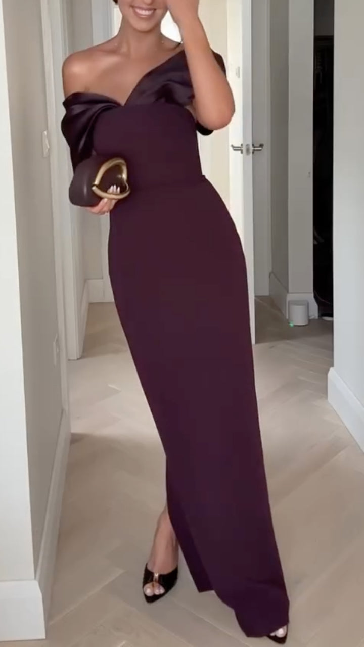 Off Shoulder Satin Midi Formal Dress