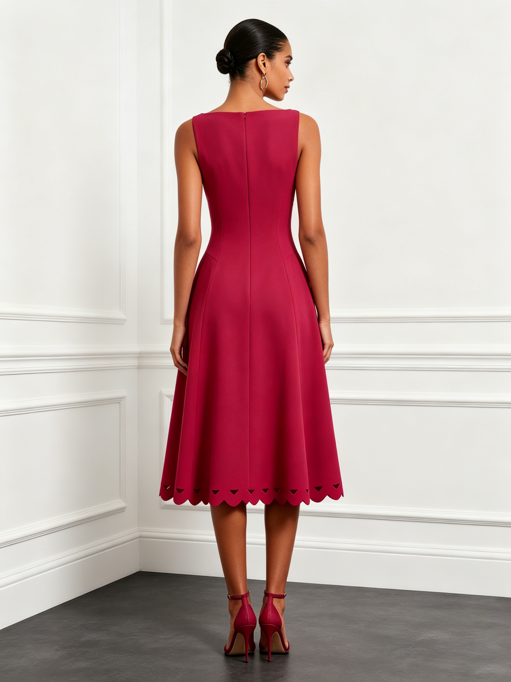 Red Lace Classic Boat Neck Sleeveless A-Line Midi Dress