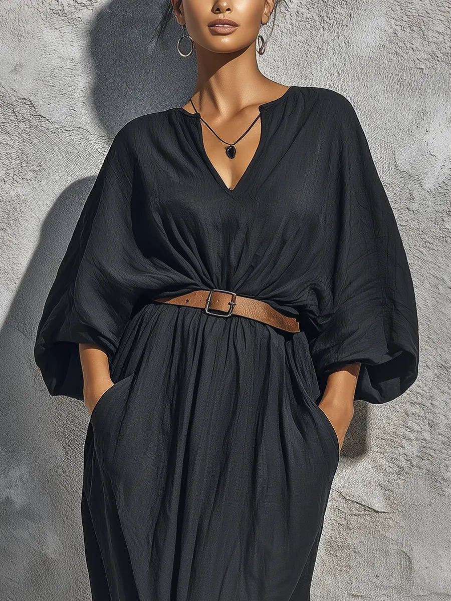 Women’s Black Linen V-Neck Batwing Puff Sleeve Belted Loose Maxi Kaftan Dress With Side Pockets MDZ2306F5T