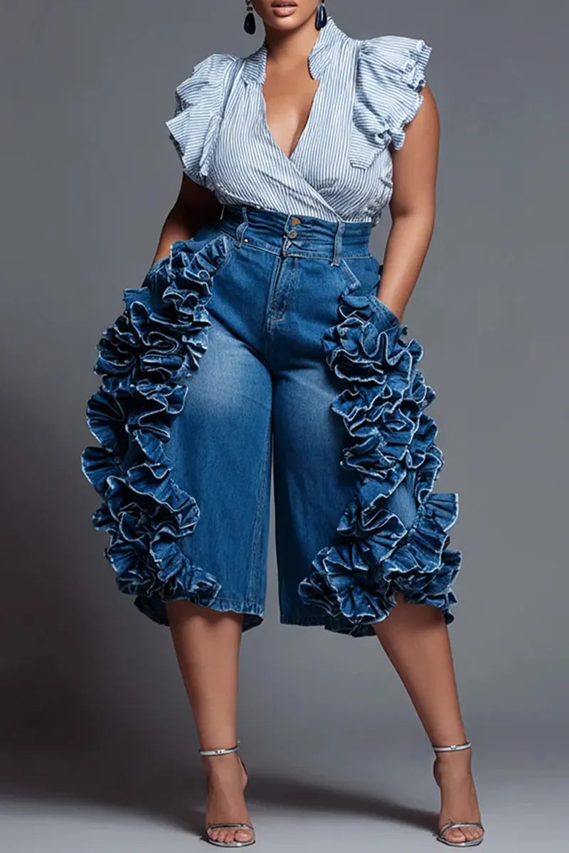 Women's Party Flounce Trim Side Pocket Cropped Jeans