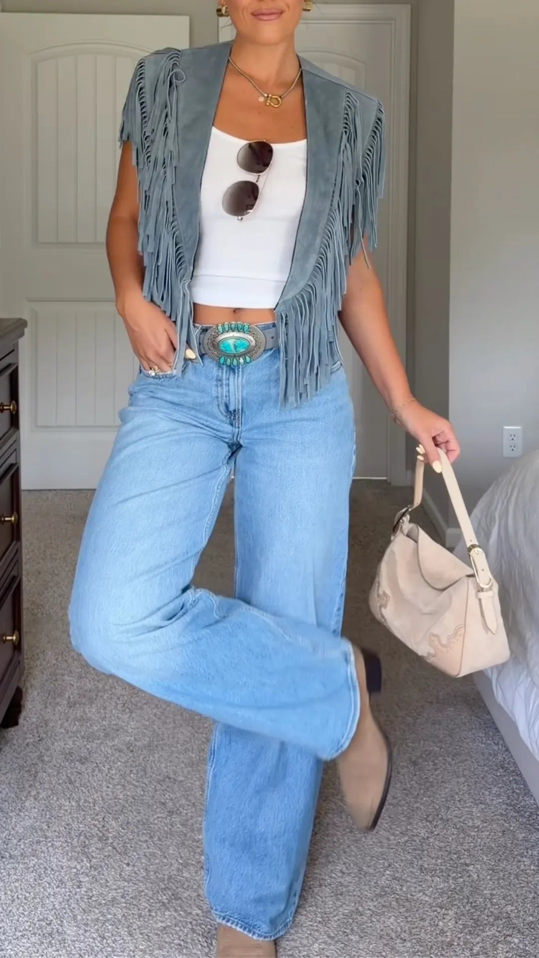Blue Suede Fringe Sleeveless Vest