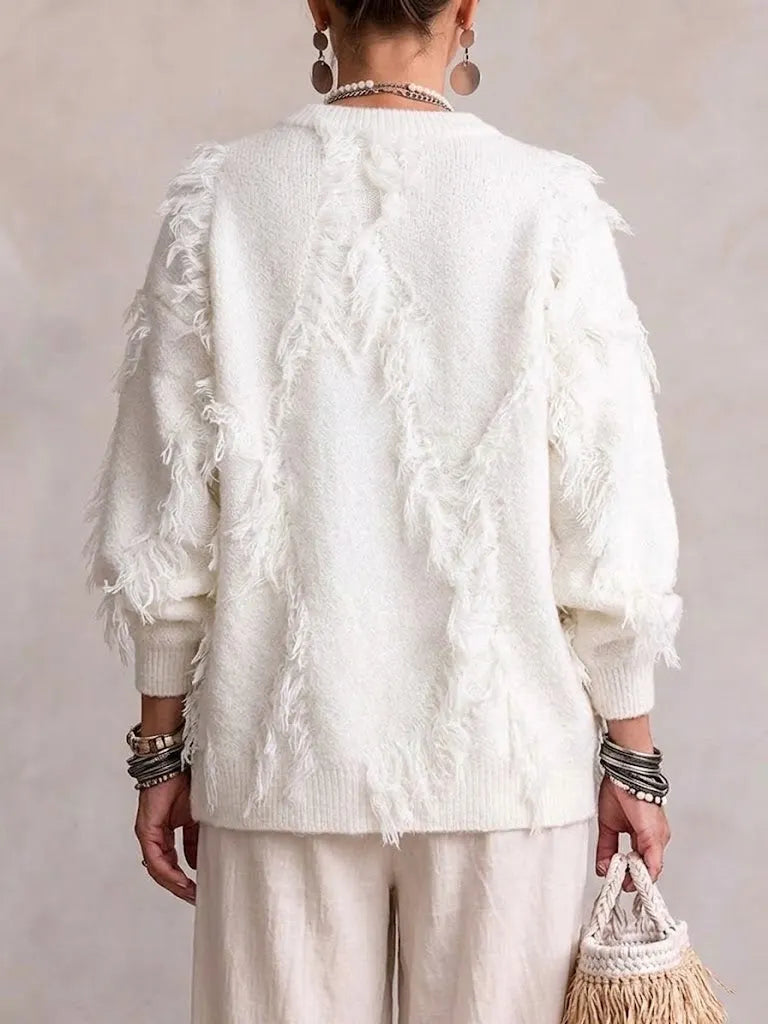Diagonal Fringe‑trimmed Relaxed Knit Sweater