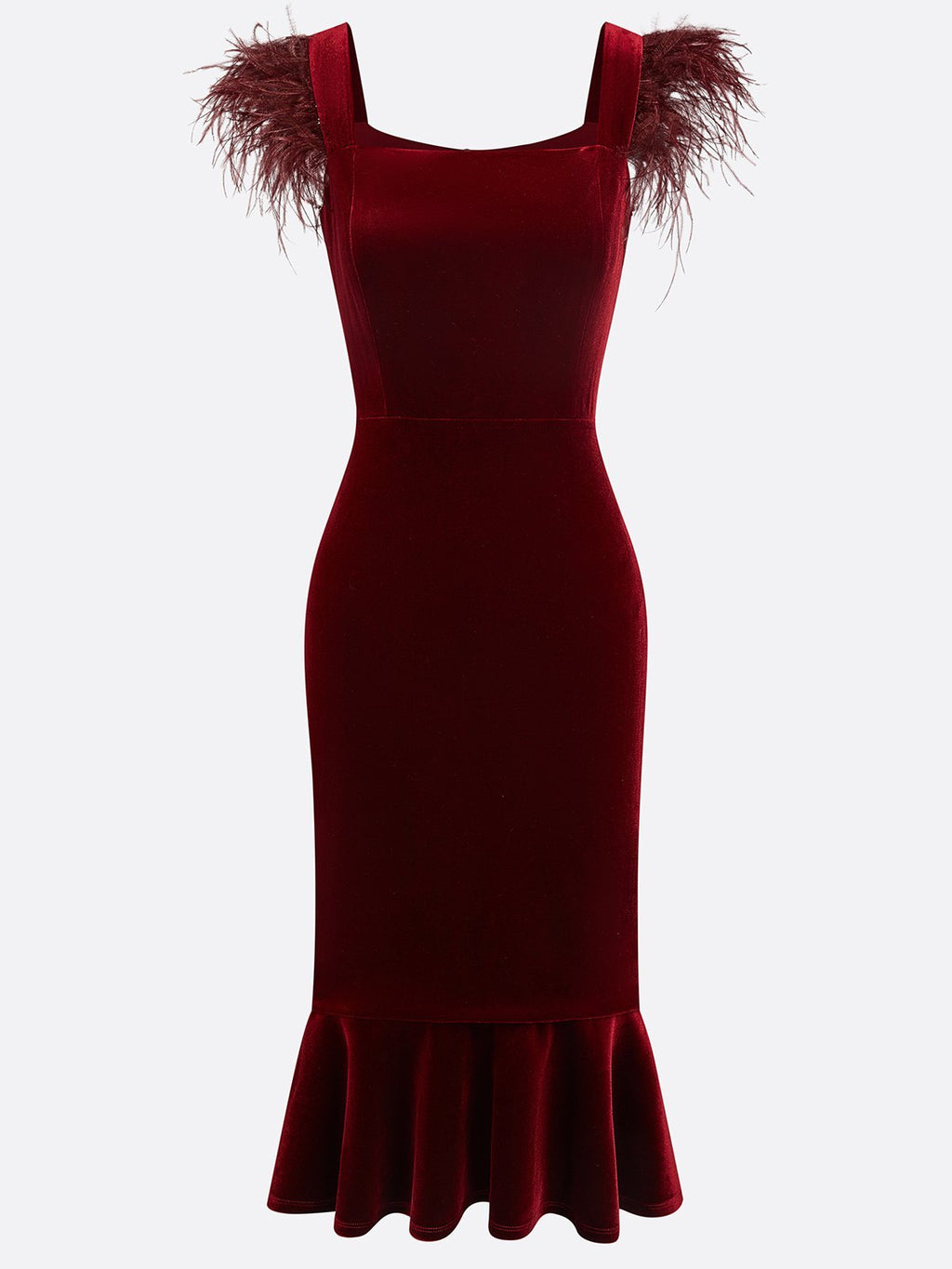 Wine Red Feather Velvet Square Neck Sleeveless Mermaid Midi Dress