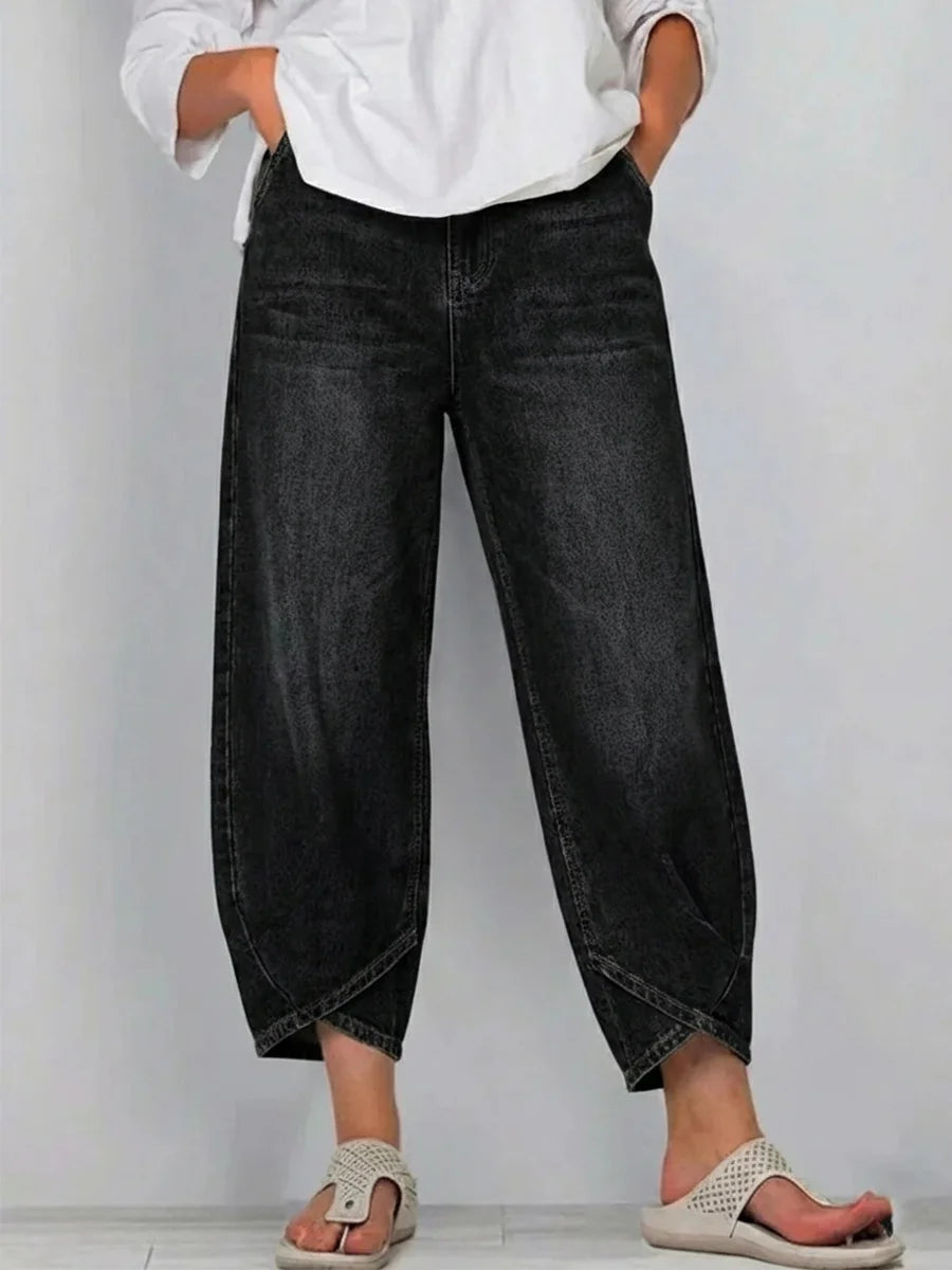 Women's Washed High-Waisted Cropped Lantern Jeans