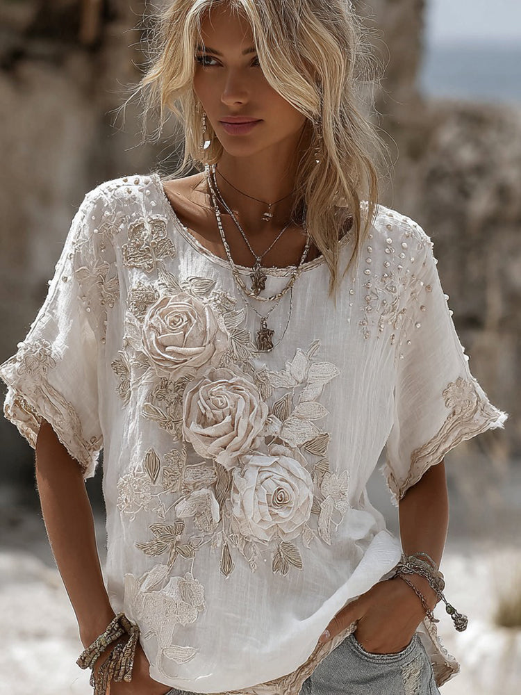 Women's Vintage Rose Embroidery Art Round Neck Short Sleeve Linen Blend T-shirt