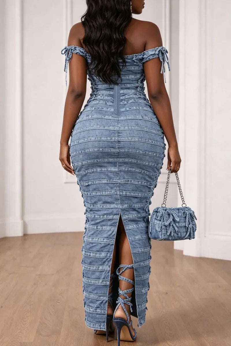 Women's Off Shoulder All Over Tie Cut Out Denim Midi Bodycon Dress