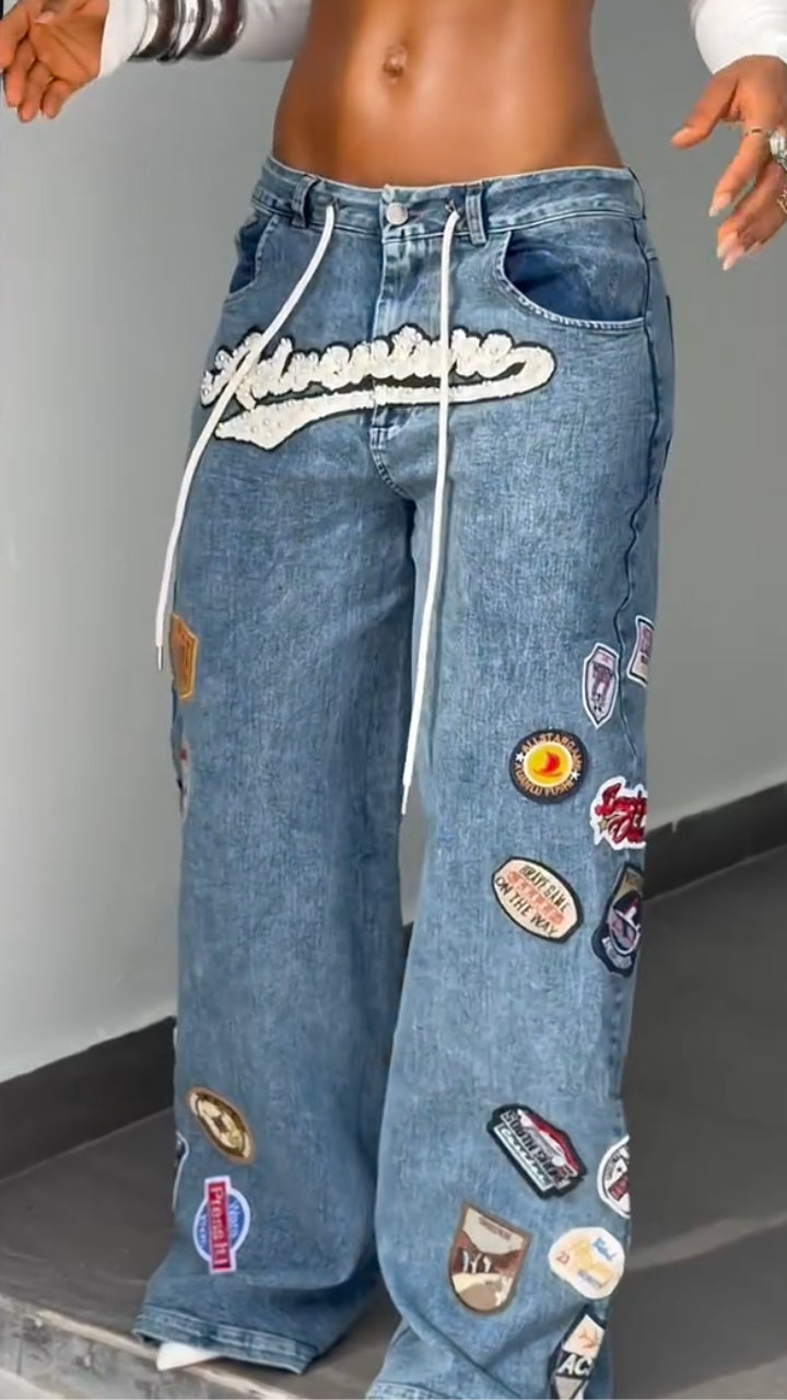 Patch Graphic Patchwork Wide Leg Baggy Denim Jeans