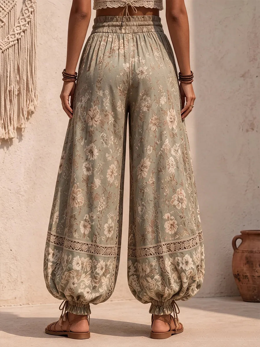 Bohemian Floral Lace-Inset Lantern Pants