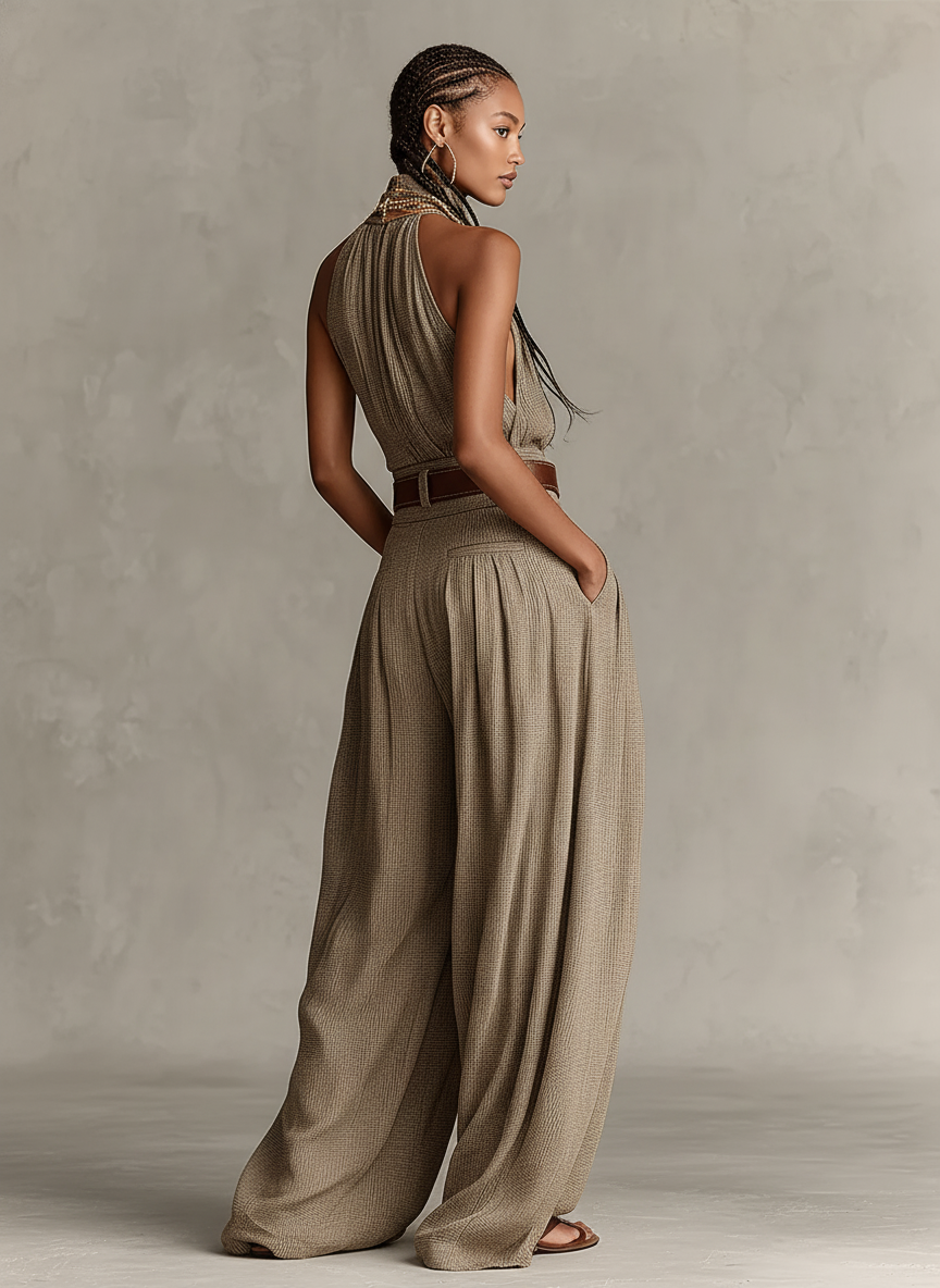 Women's Taupe Cotton-Blend Jumpsuit With Halter Neck & Wide-Leg Silhouette, Timeless Boho-Elegant Style Jumpsuit (Without Belt) MDZ0940C3I