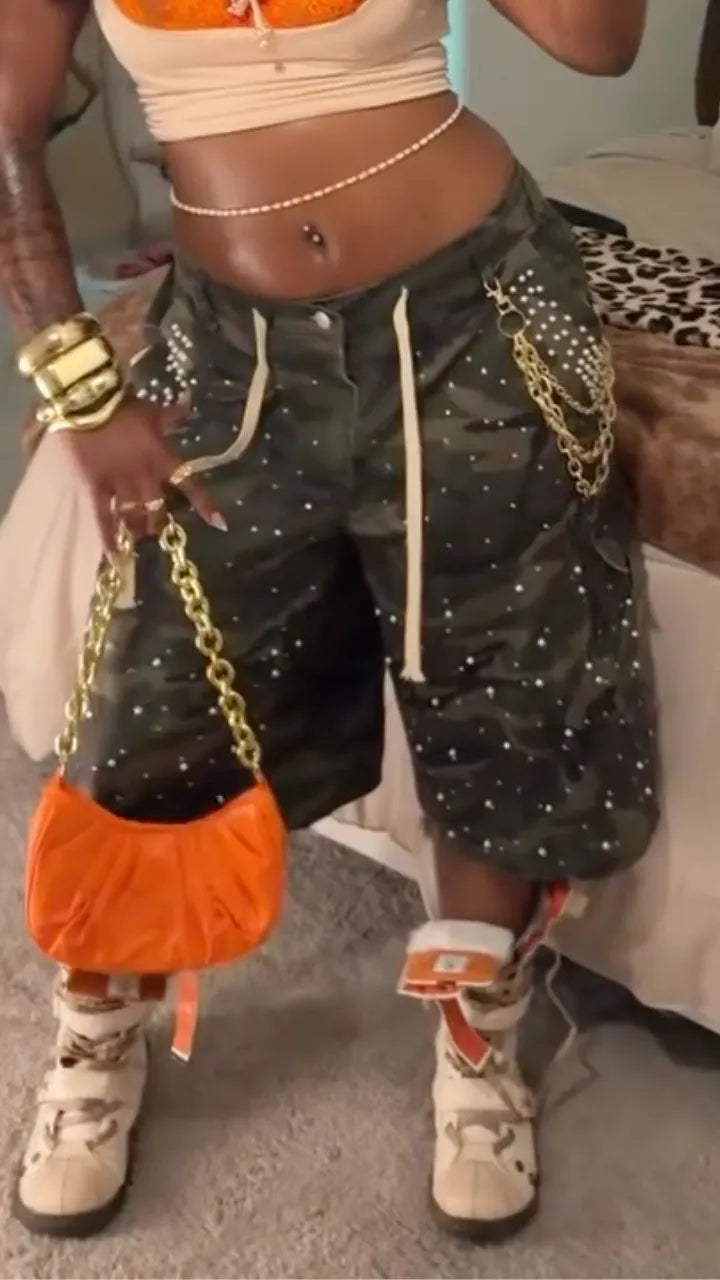 Camo Print Rhinestone Chain Cargo Shorts