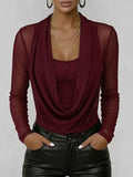 Women's Swing Neck Long-sleeved Casual Loose-fitting Sheer Mesh Top