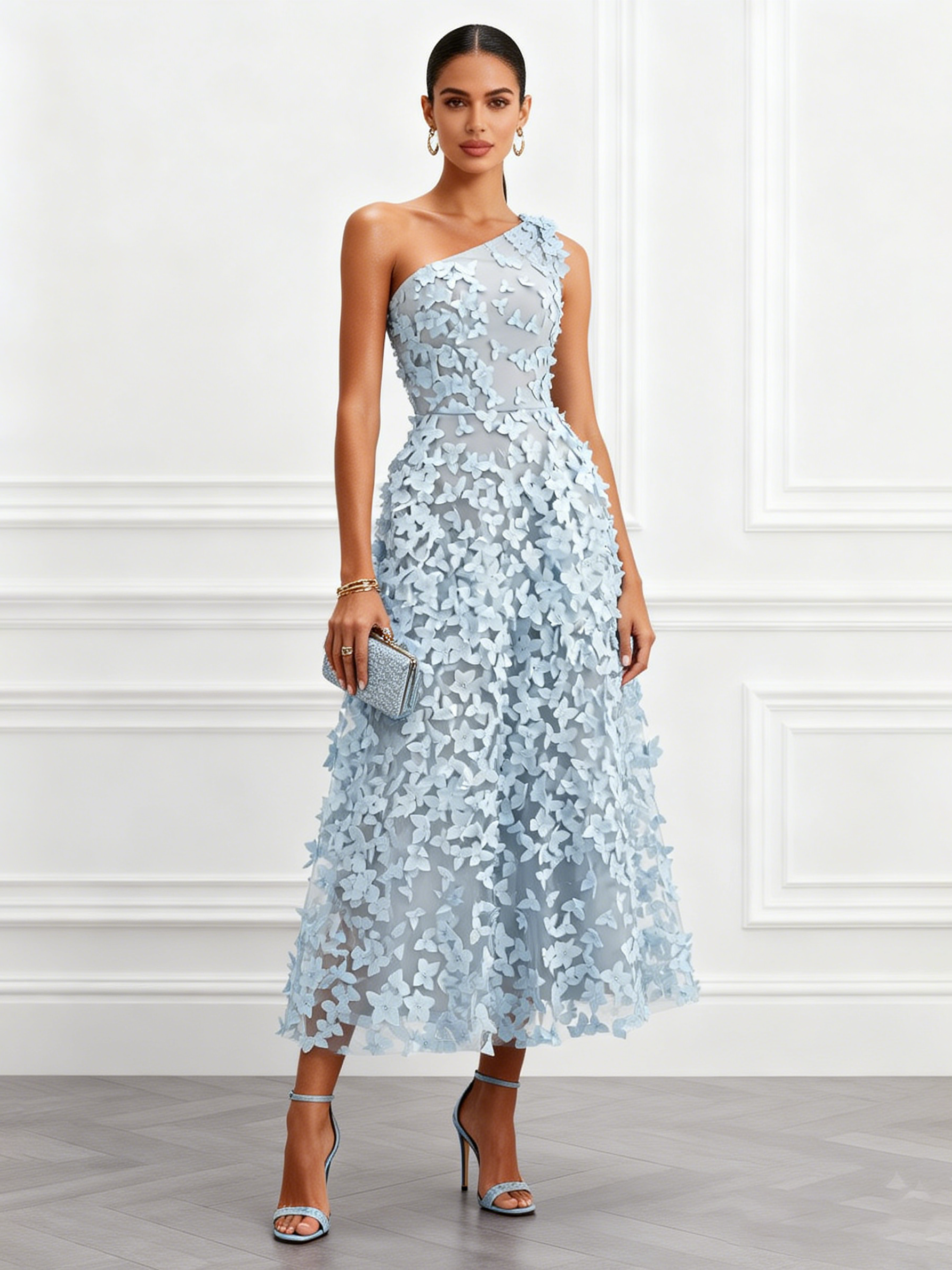 Light Blue 3D Floral Classic One Shoulder Sleeveless A-Line Midi Dress