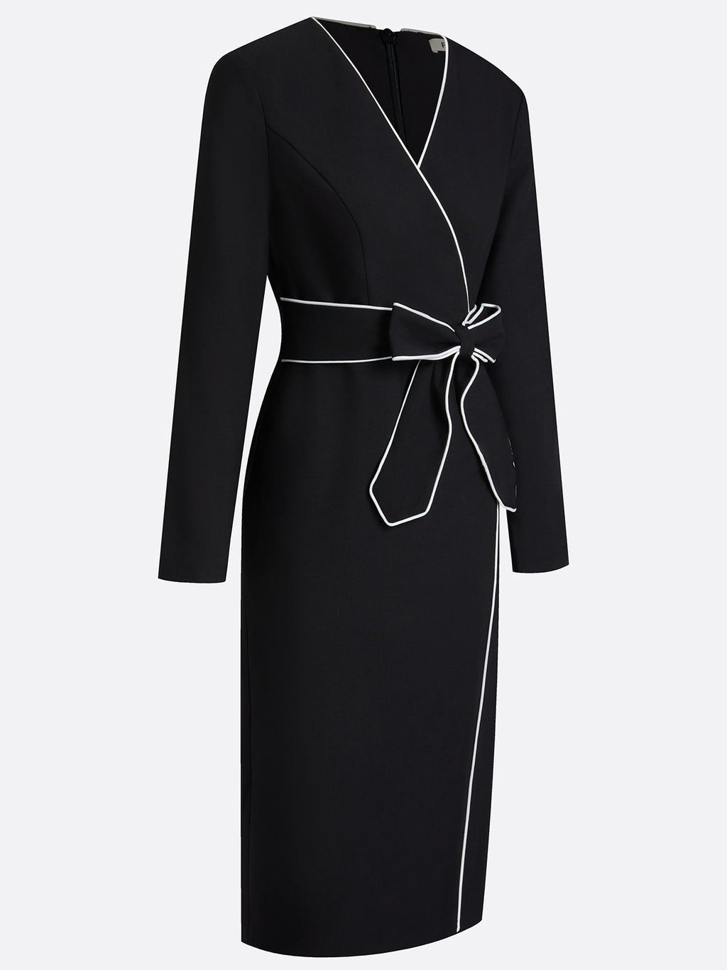 Black Piping Bow Classic V Neck Long Sleeve Sheath Midi Dress