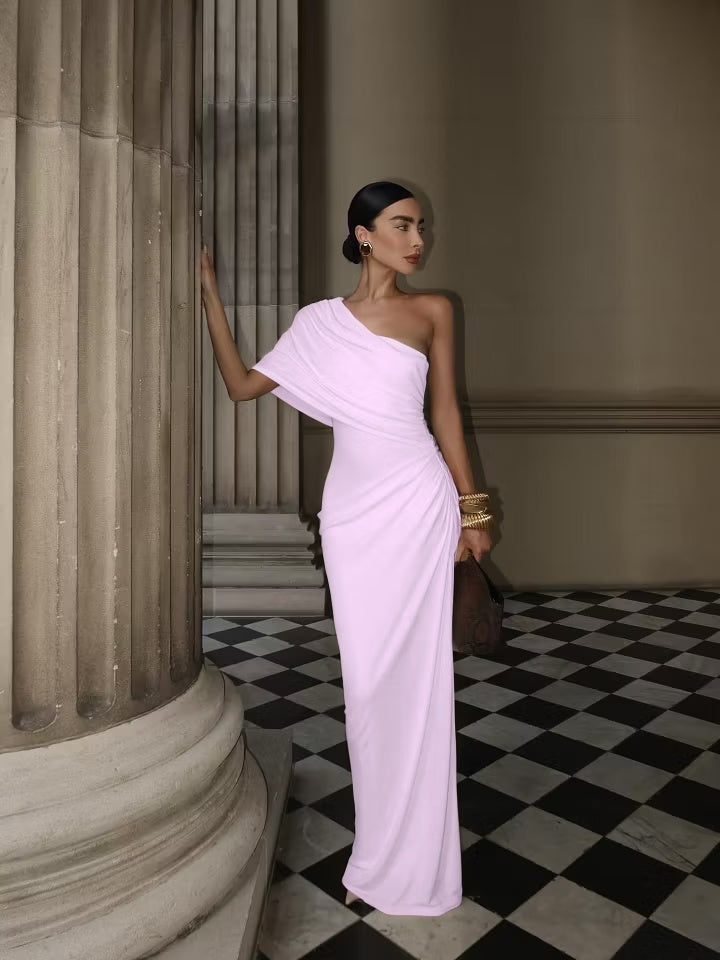 Cocoslly One Shoulder Sleeveless High Waist Long Mermaid Prom Dress With Pleated | White Satin YK1192