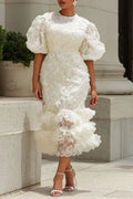 White Lace Puff‑Sleeve Midi Dress