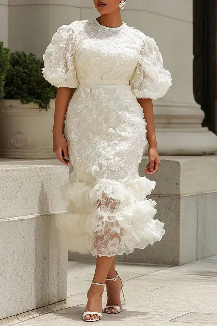 White Lace Puff‑Sleeve Midi Dress