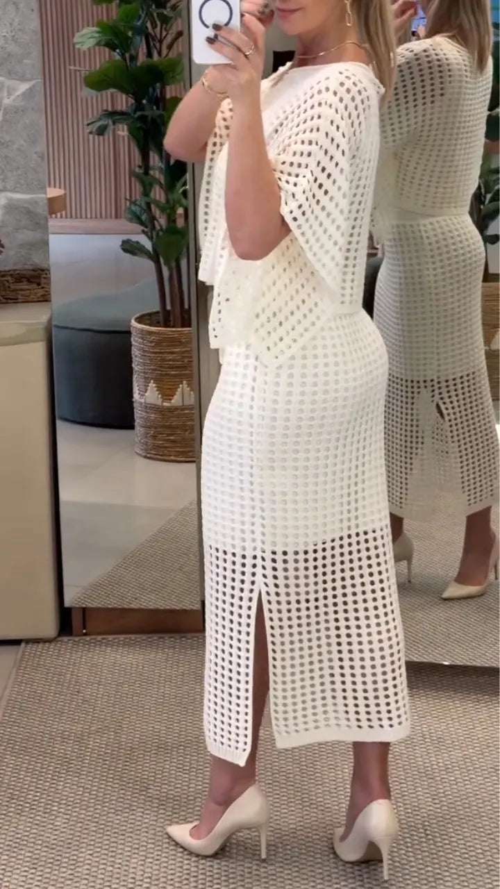 Crochet Knit Top And Midi Skirt Set