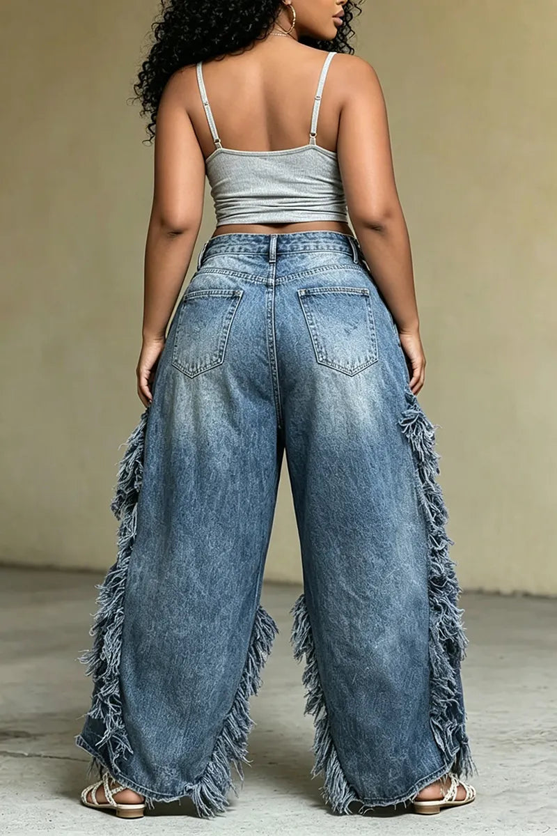 Women's Street Fashion Ripped Raw Hem Panel Jeans