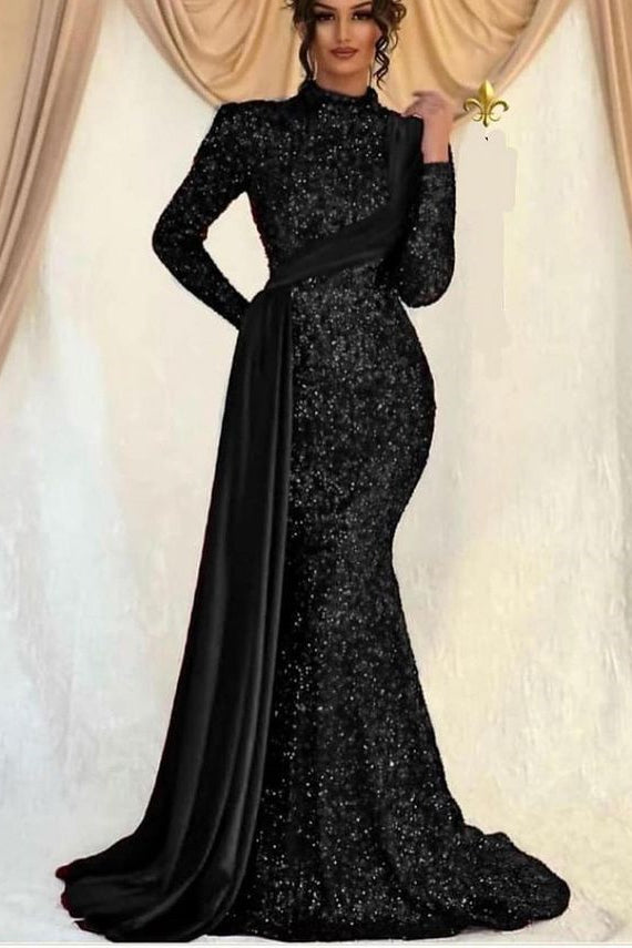 Sequins Long Sleeves Mermaid Prom High Collar Dress With Ruffle PD0914