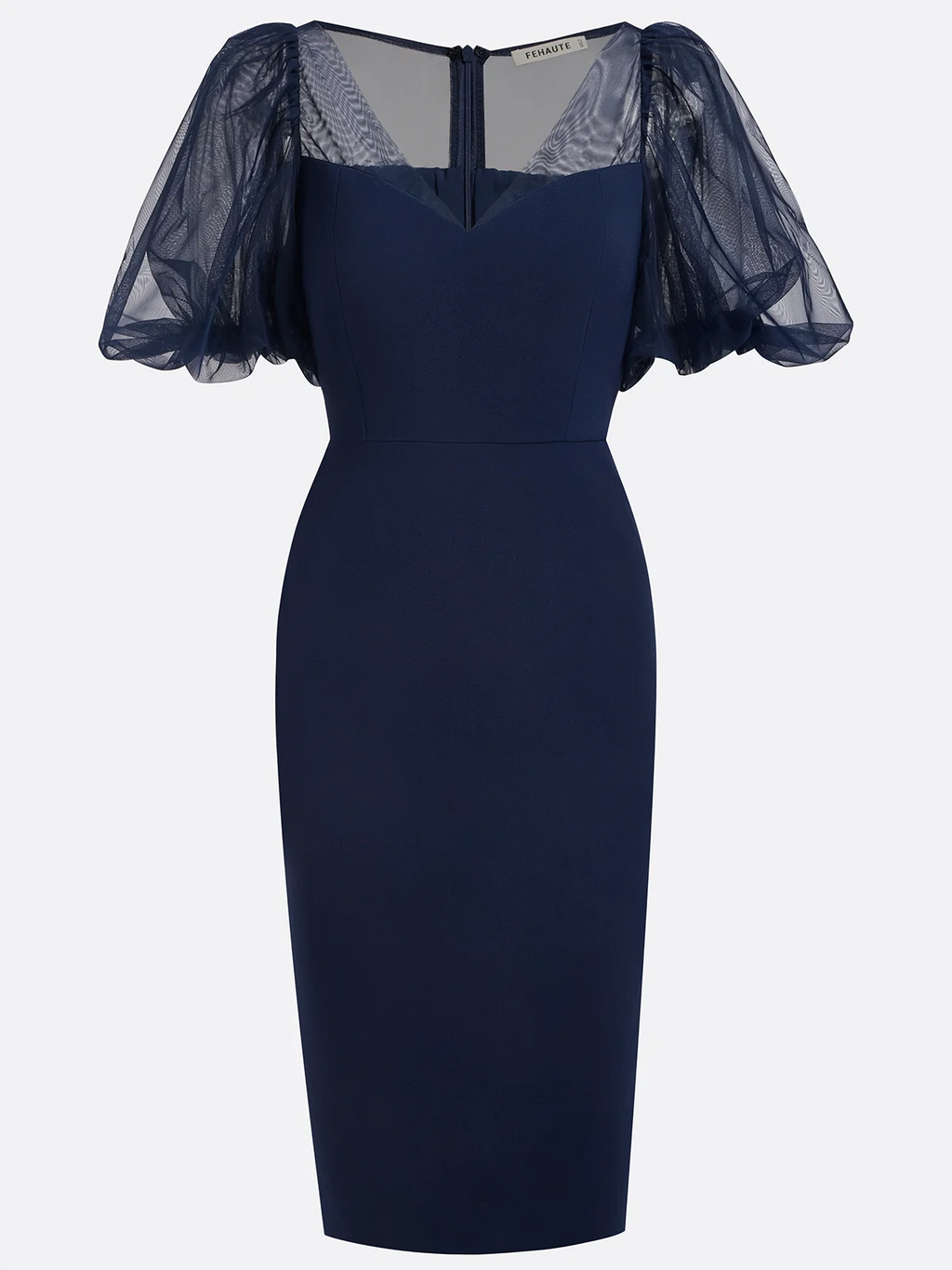 Purplish Blue Mesh Classic V Neck Short Sleeve Puff Sleeve Sheath Midi Dress