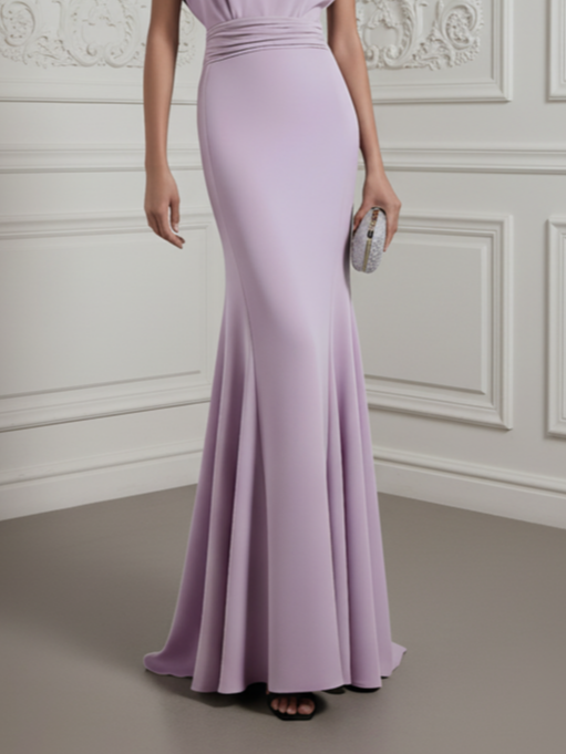 lavender Ruched Classic Boat Neck Cap Sleeve Raglan Sleeves Mermaid Floor-length Gown Dress